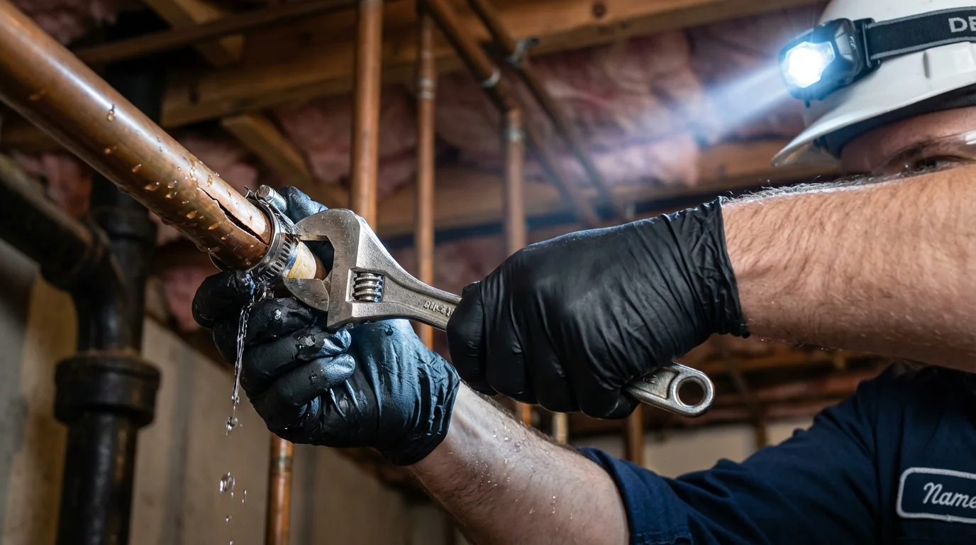 Emergency pipe clamp repair being performed by a Johns Plumbing LLC plumber in Cherryville