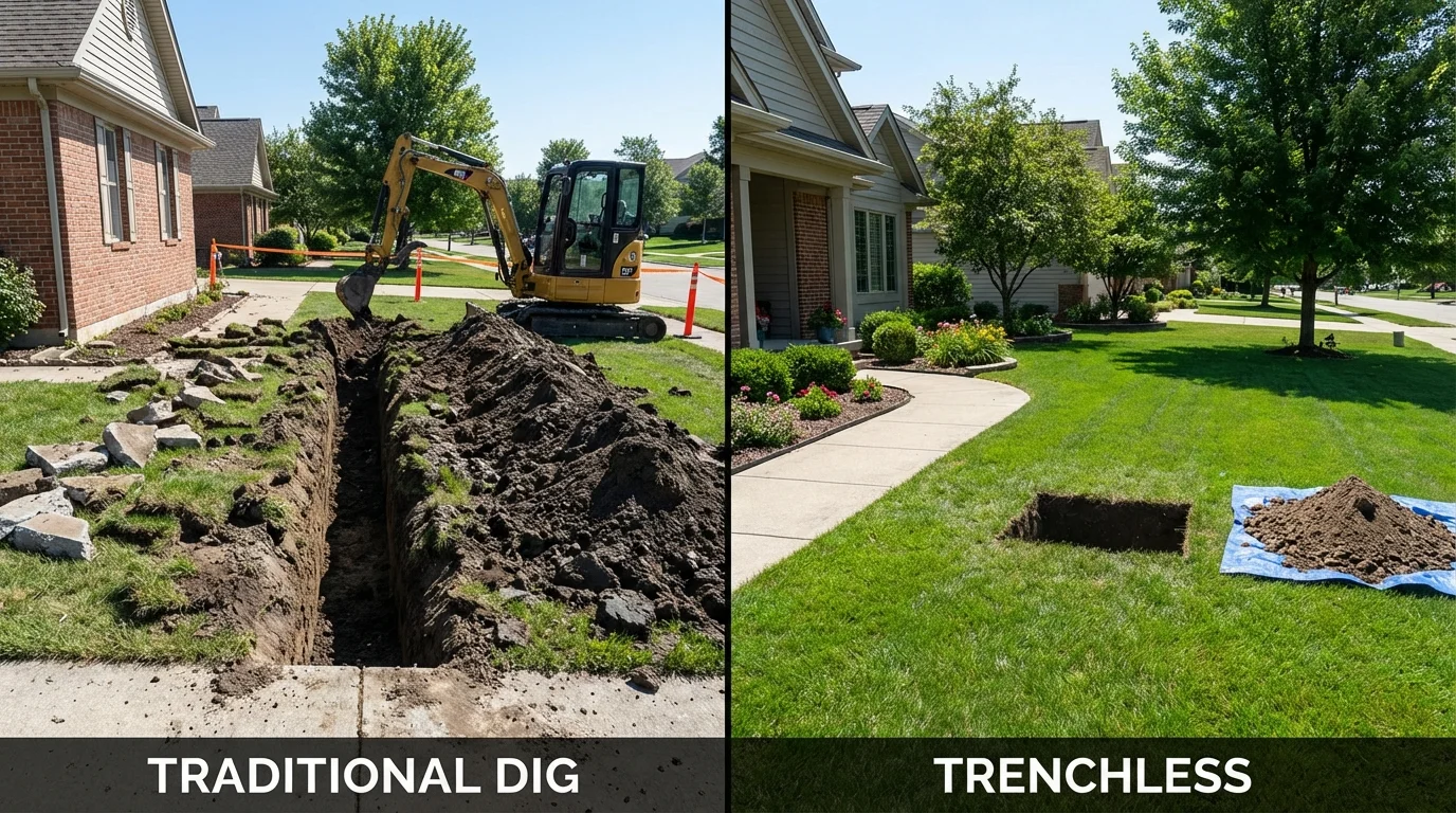 Trenchless sewer repair with minimal yard damage versus traditional excavation in Cherryville, PA